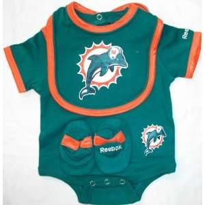 Miami Dolphins Green Baby / Infant 3 Piece Onesie, Bib And Booties Set 