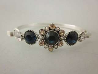 PILGRIM Blue Glass Crystal Flower Charm Silver Tone Bangle Bracelet 