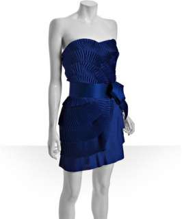 Notte by Marchesa royal blue pleated satin bow detail strapless dress