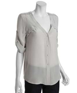 BCBGMAXAZRIA mist grey silk v neck Drew Storm roll sleeve blouse