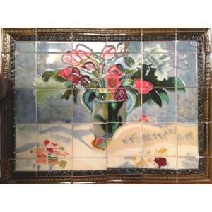 Ceramic Tile Mural Kitchen Backsplash By Hand Painted Picture Flowers 