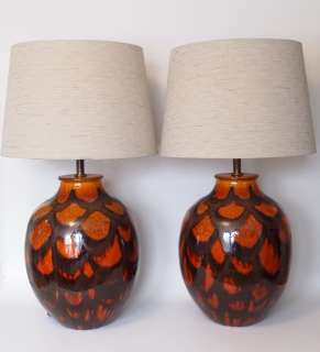   Century Brutalist Drip Glaze Retro Lamps Pair Orange Ceramic Vintage