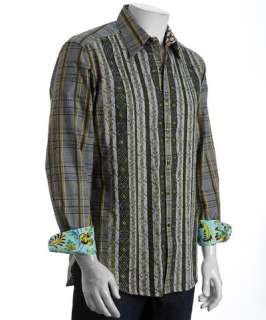 Robert Graham olive glen plaid and stripe cotton Garett point collar 