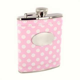 Personalized 6 oz. Genuine Pink Polka Dot Leather Flask Gift Set 