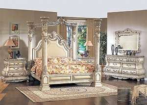   Victorian Whitewash Queen Canopy Poster Leather Bed Marble Set  