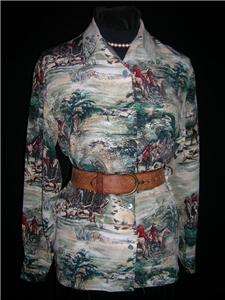 VINTAGE SILK FOXHUNT HORSES DOGS EQUESTRIAN BLOUSE S  