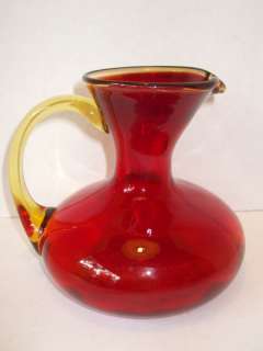 RUBY RED BLOWN GLASS VASE AMBER HANDLE RIM PITCHER SHAP  
