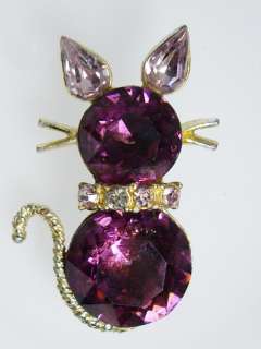   Amethyst Purple Glass & Rhinestone Kitty CAT Pin Brooch 1 3/4  