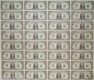 MINT CURRENCY   Uncut Sheet of 32   $1 DOLLAR BILLS  