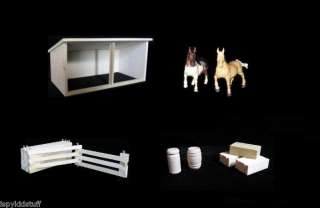 AMISH WOOD Toy Shelter w FENCE + Horses Hay Barrels FUN  