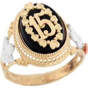   Two Tone Gold Quinceanera 15 Anos Angel Rose Flower Filigree Onyx Ring