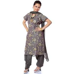 Gray Salwar Suit Fabric with All Over Embroidery and Sequins   Cotton