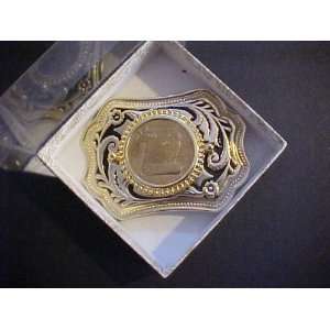 com Ornate Silver Dollar Belt Buckle   With Commemorative Brass Coin 