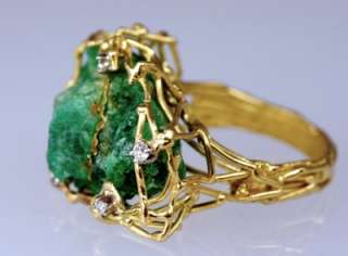 18ct Gold uncut Emerald & Diamond Ring ca1970.Unique Retro Vintage 