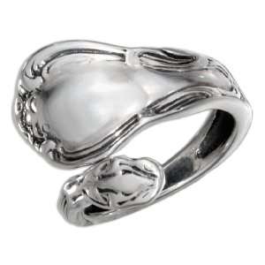  Sterling Silver Spoon Ring with Flower Design and Antiqued 