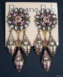   Vintage FLORAL PETALS Roses PINK CRYSTAL Dangle TAUPE Earrings ~USA