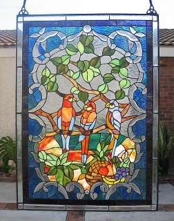 BEVELED PARROTS STAINED GLASS WINDOW PANEL   NEW  