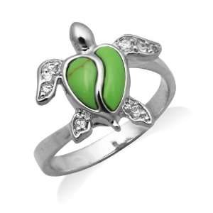 Sterling Silver Turtle Ring with Green Turquoise Shell and CZs, Size 